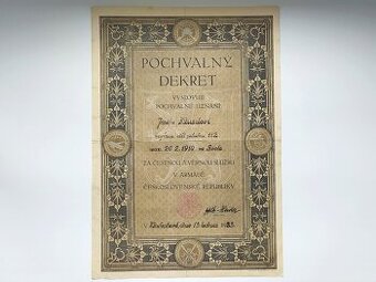 Pochvalný dekret čs. armáda 1933 Dělostřelecký pluk 112