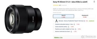 SONY FE 85 mm 1.8 - rozbalený, záruka 2027