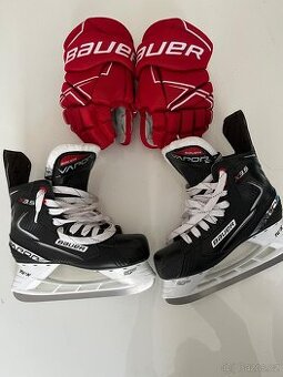 Dětské brusle + rukavice Bauer pro věk cca 9-10 let