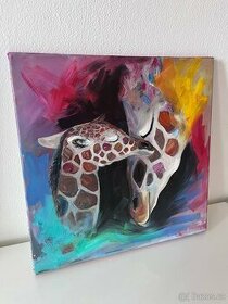 Obraz olejomalba na plátně žirafy, 40x40 cm