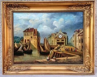 Biedermeier - nádherné obrazové hodiny-olej 19stol-originál