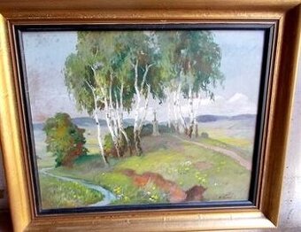 Obraz, Břízy, olejomalba, malíř K. Němec