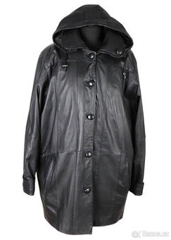 Kožený dámský černý zateplený kabát s kapucí v. XXXL