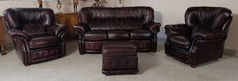 Kožená, Chesterfield sedací souprava 3+1+1+ taburet. TOP