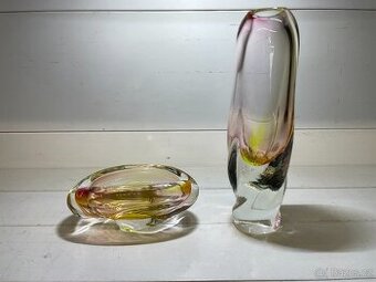 Autorská váza a popelník hutní sklo Josef Rozinek Nový Bor