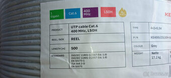 Kabel Cat.6 UTP LSOH 400MHz Dca - s2,d2,a1 500m/cívka - 1
