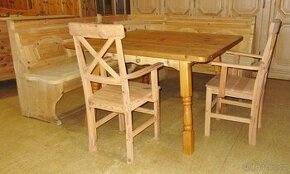 Rohová lavice + stůl + 2 židle z borovice celomasiv