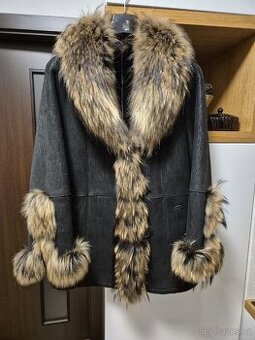 Černý luxusní pravý kabátek dubeňák s kožešinou, vel. XL
