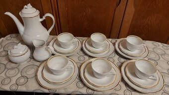 čajový servis, bílý se zlatým proužkem,