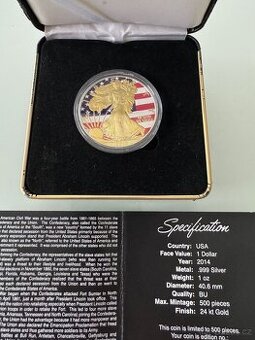 1 oz stříbrná mince 2014, American civil war, 24 kt gold