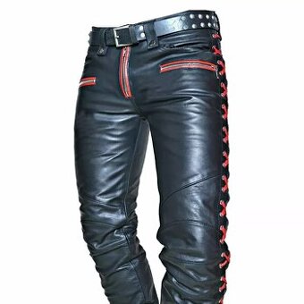 Moto Koženě Kalhoty S Červeným Šněrováním