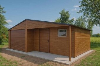 Plechová garáž 6×6 m – zlatý dub/Předzahrádka „MICHAL“