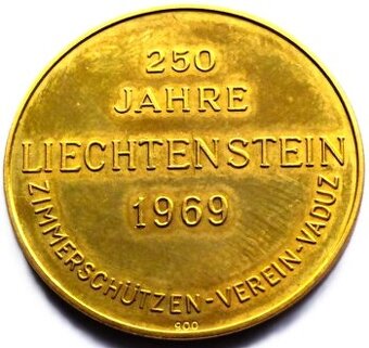 250 Jahre Liechtenstein 1969, 30 mm, 17,76 g,zlacené stříbro