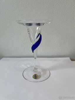 Designový skleněný svícen s modrým detailem – Harrachov