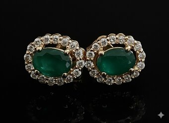 LUXUSNÍ 14 KARÁTOVÉ ZLATÉ DIAMANTOVÉ NÁUŠNICE SE SMARAGDY