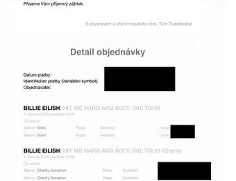 2 Vstupenky na koncert Billie Eilish 1.6. 2025 v Praze O2
