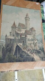 Velmi starý školní plakát - gotický hrad - 1