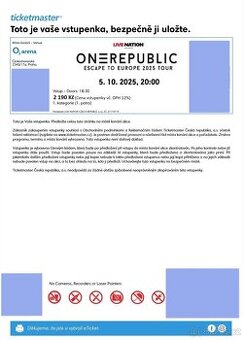 OneRepublic Praha 5.10.2025 - 2x vstupenka sektor 110