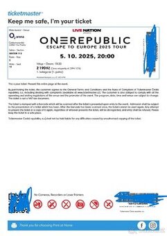 🟢 ONEREPUBLIC – O2 Aréna Praha – Dnes 5.10.2025 – 4x vstup