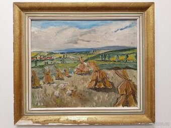 Obraz, Husy po žních, olej na desce 51x59
