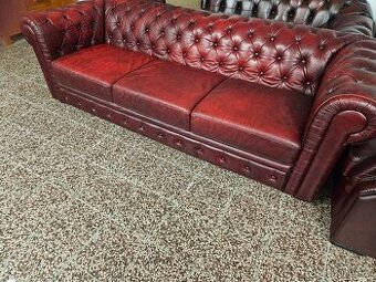 CHESTERFIELD ŠTÝL,BORDOVOČERVENÁ KOŽENÁ SEDAČKA,3+1+1
