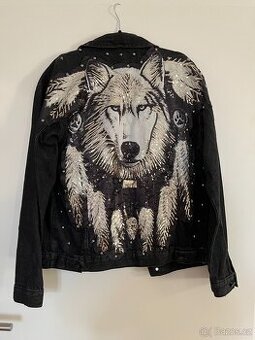 Stylová džínová bunda s motivem vlka a glitrami