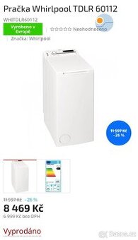 Prodáno Whirlpool A+++, 6kg, 1000ot. 39l spotřeba, 6 smysl