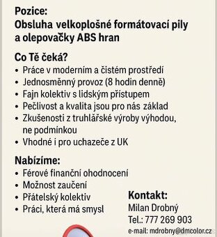 Obsluha velkoplošné formátovací pily a olepovačky ABS hran ⚙