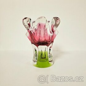 Skleněná váza růžovo-zelená, hutní sklo
