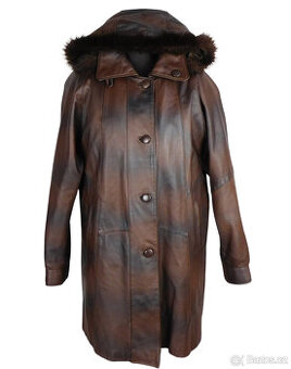 Kožený měkký dámský tónovaný hnědý zateplený kabát  L