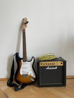 Elektrická kytara Fender Squier a zesilovač Marshall MG15