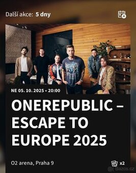 Prodám 2x vstupenky na ONEREPUBLIC v Praze 5.10.2025