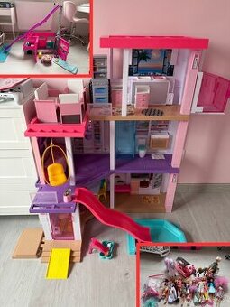 Barbie dům s výtahem, karavan, panenky