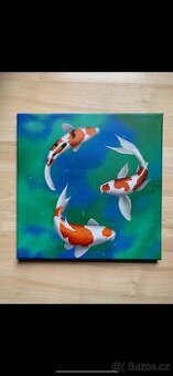 Originální ručně malovaný obraz – KOI kapři – 30 × 30 cm