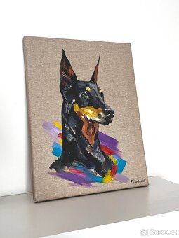 VYPRODEJ Obraz olejomalba na plátně pes dobrman, 30x40 cm