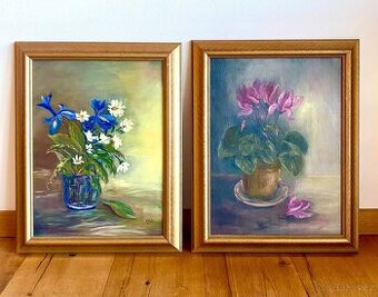 Staré krásné obrazy 2 kusy, olejomalba na desce