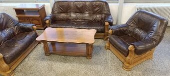 Rustikální kožená sedací souprava, 3 + 2 +1, masív