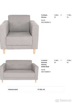 Prodám dvoumístnou pohovku a dvě křesla Geneve – světle šedá