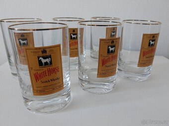 Skotská whisky White horse, 6 skleniček, 80tá léta