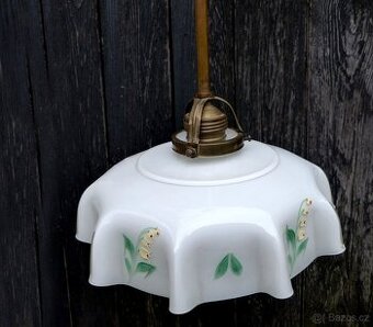 Starožitný lustr, stropnice, mosaz, sklo, konvalinky