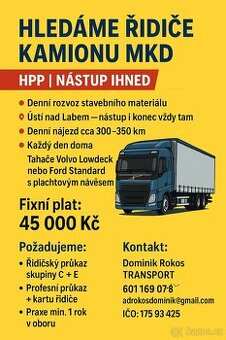 HLEDÁME ŘIDIČE KAMIONU MKD – HPP, nástup ihned