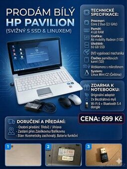 Prodám bílý notebook HP (SSD, Linux) + příslušenství