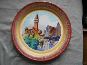 Starožitný, smaltovaný tác s motivem Štramberské trúby