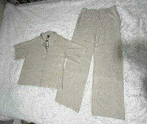 Lněný béžový set kalhoty + košile - 1