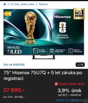 Nová 75" Hisense 75U7Q obrovská Smart tv