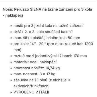 Nosič kol na tažné zařízení - Peruzzo Siena 3
