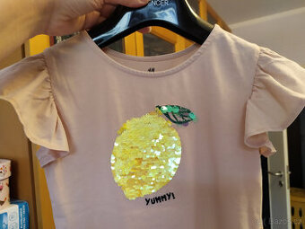 Dívčí letní tričko, citron, flitry, H&M, vel. 122/128