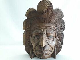 Dřevěný vyřezávaný indián, busta, socha, masivní dřevo - 1