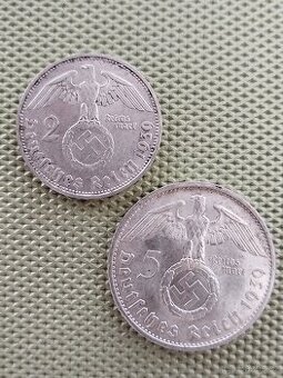 2ks stříbrné mince svastika, 2 Mark 1939 + 5 Mark 1939