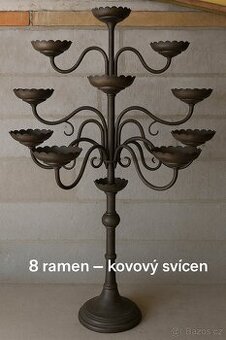Velký kovový svícen – 8 ramen, těžký, dekorativní kus